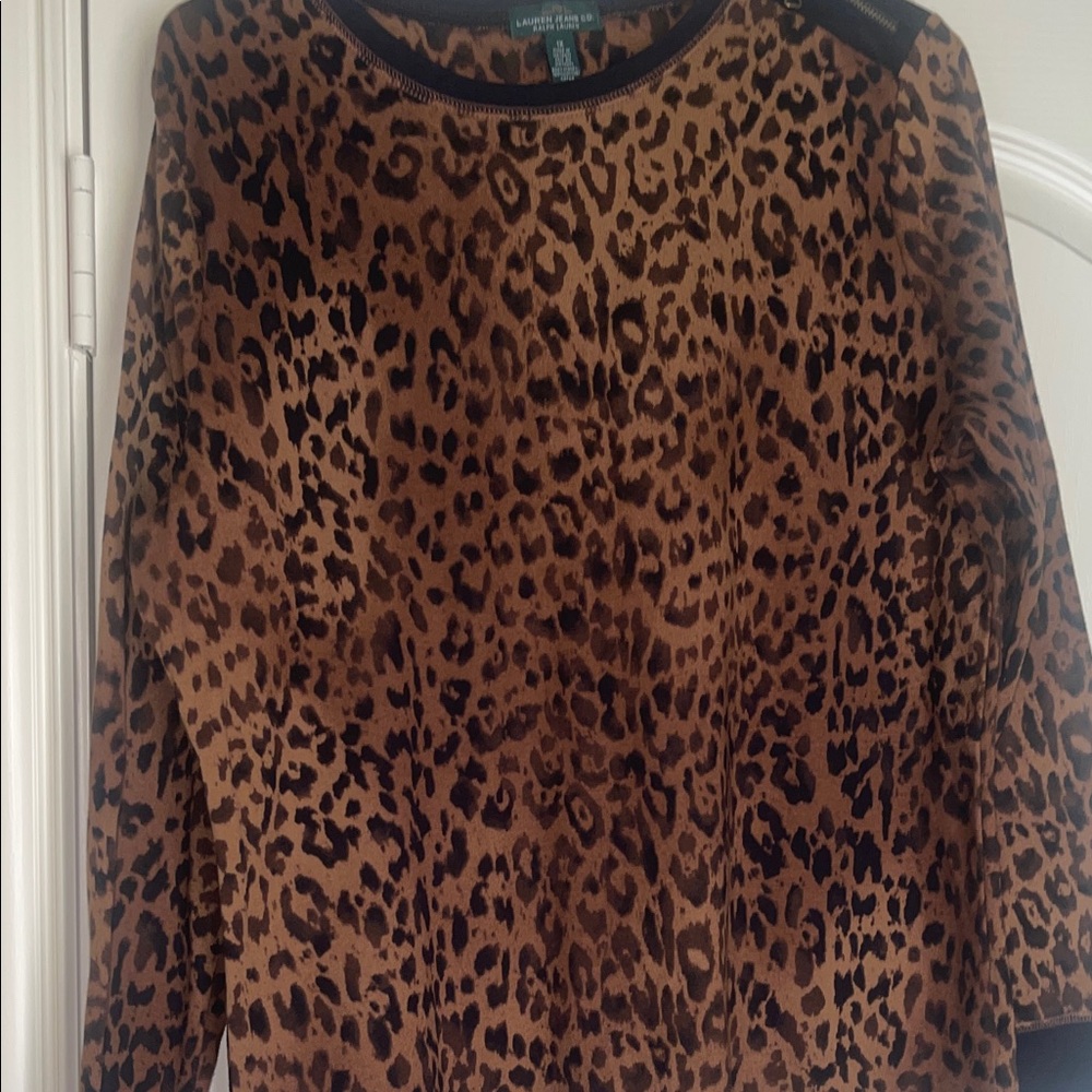 Ralph Lauren Brown Leopard Print Top with suede trim and elbow trim . Size 1x